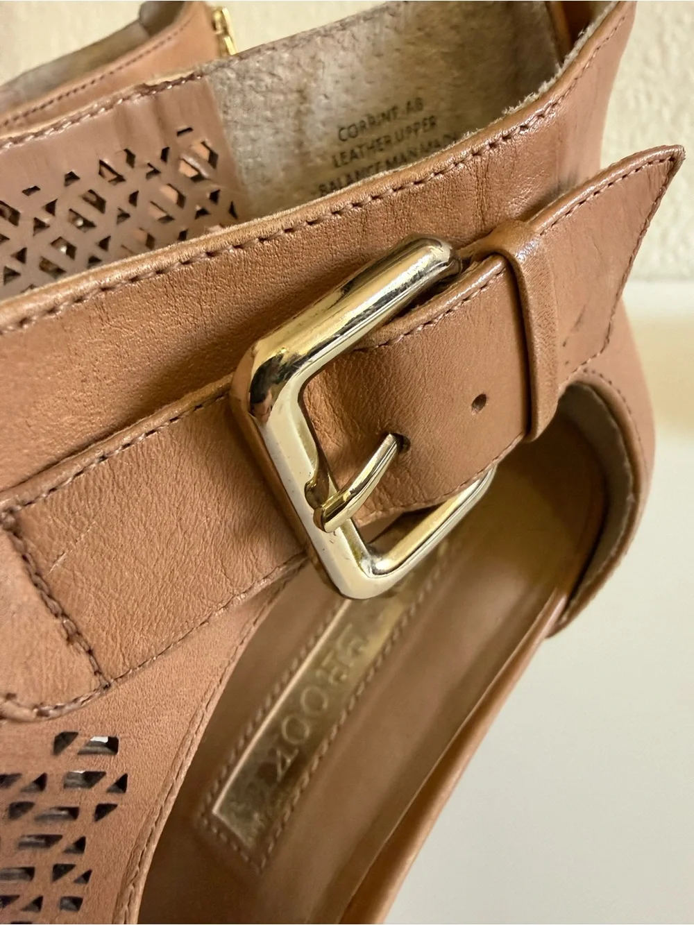 Audrey Brooke | Corrine Laser Cut Leather Heels | Peep Toe Bootie | 9.5